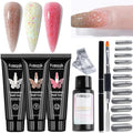 Poly Gel Nail Kit - Wine Red, Brown & Iridescent Builder Gel With Chunky Glitter - Slip Solution, Dual Nail Forms & Clips - Home Manicure Starter Kit