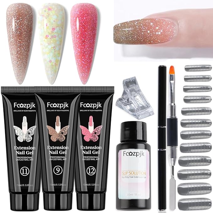 Poly Gel Nail Kit - Wine Red, Brown & Iridescent Builder Gel With Chunky Glitter - Slip Solution, Dual Nail Forms & Clips - Home Manicure Starter Kit