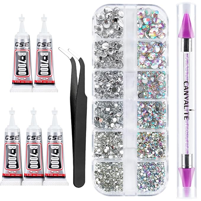 Canvalite 3348PCS Rhinestones Crystal AB Rhinestones for Nail with 5Pcs 3ml B7000 Jewelry Glue and Pick Up Tweezers and Nail Rhinestone Picker, Nail Art Tools,Stocking Stuffers Gifts for Women