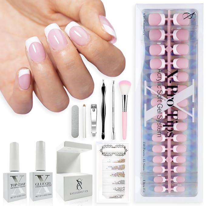 SXC Cosmetics French Tip Press On Nails Pink Series, XS Square X-Pro Tips Starter Kit