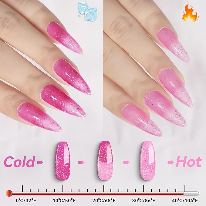 YTD Likomey Color Changing Gel Nail Polish,15ml Light Pink To Hot Pink Glitter Mood Temperature Change Colors Ombre Thermal Salon Home Fall Winter Manicure UV Nails Varnish,WB04