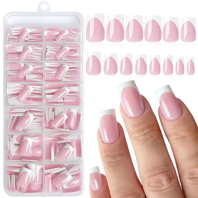 280pc French Tips Press on Nails Medium Square Fake Nail with Glue Tabs, French Tips Glue on Nails Press on Nail Square Acrylic Nails Medium Artificial Fingernails Women Girls Pink False Nails