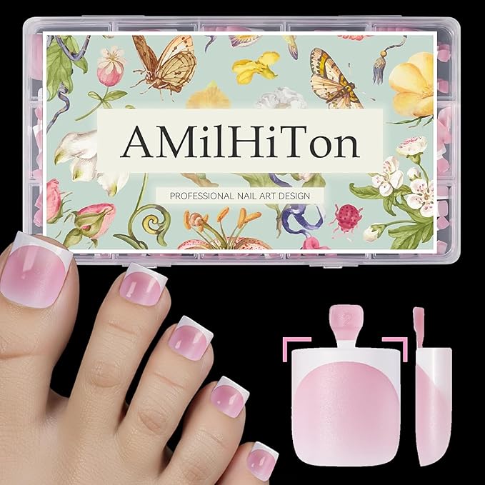 Cotton Candy Pink French Tip Toe Nail Press Ons, 150PCS Square Full Cover Soft Gel Toe Nail Tips, 15 Sizes for Wide Toenail Beds, Pre-Shaped for DIY French Pedicure & Salon