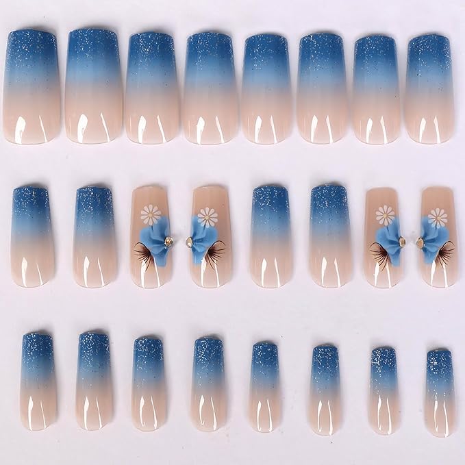 Long Square Press on Nails Light Blue Gradient French Tips Fake Nails Blue Glitter False Nails Glue on Nail with Flower Design Nails Press on Acrylic Full Cover Stick on Nail for Women