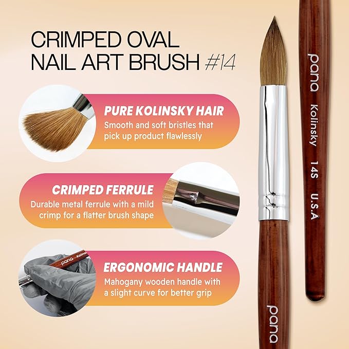 PANA 100% Pure Kolinsky Hair Bristles Acrylic Nail Brush Oval Crimped Shaped Mahogany Wood Handle Professional Salon Quality (Size 14)