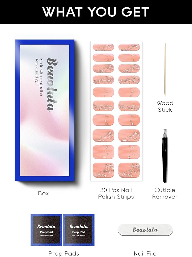 Semi Cured Gel Nail Strips - UV Light Gel Nail Stickers - 20 Long Lasting Salon Quality Wraps (Jelly Pink)