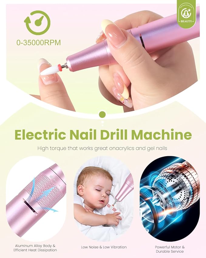 CozyZen Cordless Nail Drill Professional: 45000 RPM Rechargeable Electric Nail File Kit, Portable & Low Noise for Acrylic, Gel Nails, Manicure & Pedicure - Salon & Home Use (Green & Pink)