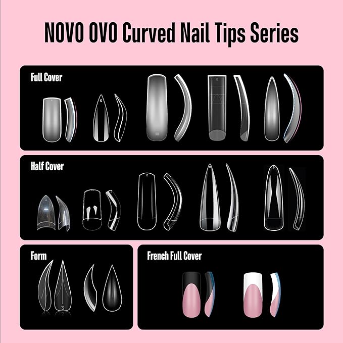 NOVO OVO Halloween Medium Slightly Curved Nail Tips Press on Full Cover, Thick Square Eagle Claw Hawk Curve Gel x Acrylic Fake Nails Extension kit, Clear Pre-etched French False Nail x 15 Sizes 240pcs
