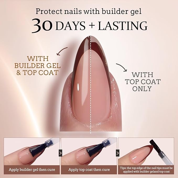 BTArtboxnails XCOATTIPS Press on Nails Almond - Skin Tones French Tip Nails, Medium Soft Gel Nail Tips with Nail Gel, French Protecting Duo, Nail Lamp, All in One Fake Nail Extension Kit