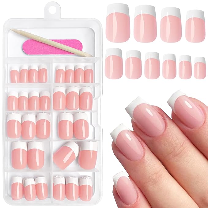 AddFavor French Tip Press on Nails Short Fake Nails, 120pcs White French Tip Nails Press on Nail Square Nude False Acrylic Nails French Nail Tips with Adhesive Tab for Women Girls