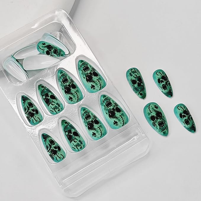 Halloween Fake Nail,Stiletto Press on Nails Long,Dark Green False Nails with Horror Skull & Scar Face Pattern Designs | Full Cover Acrylic Nails Stick on Nails for Women Halloween Manicure 24Pcs