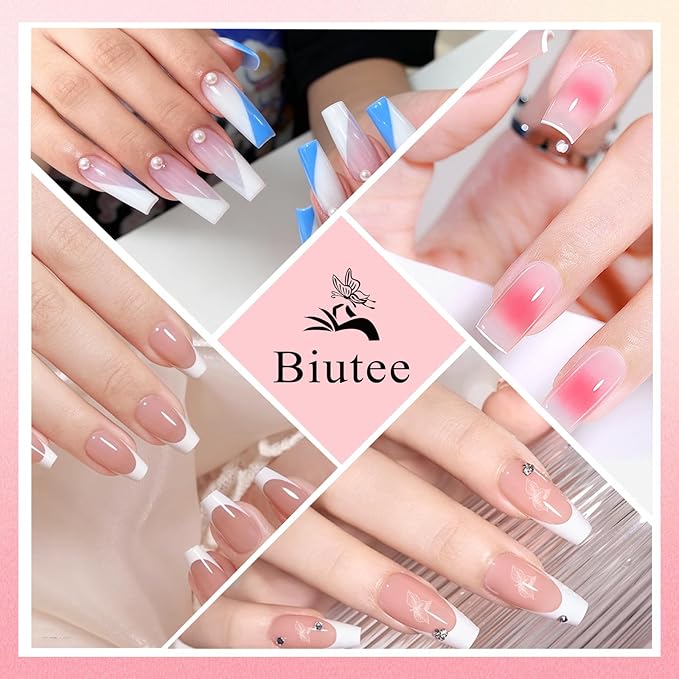 Biutee French Tip Nail Stamp 4PCS Nail Art Stamper Kit with Replacement Nail Stamper Heads Clear Silicone Nails Jelly Stamper with Scrapers Nail Printing Tool for French Manicure Home DIY Art Salon