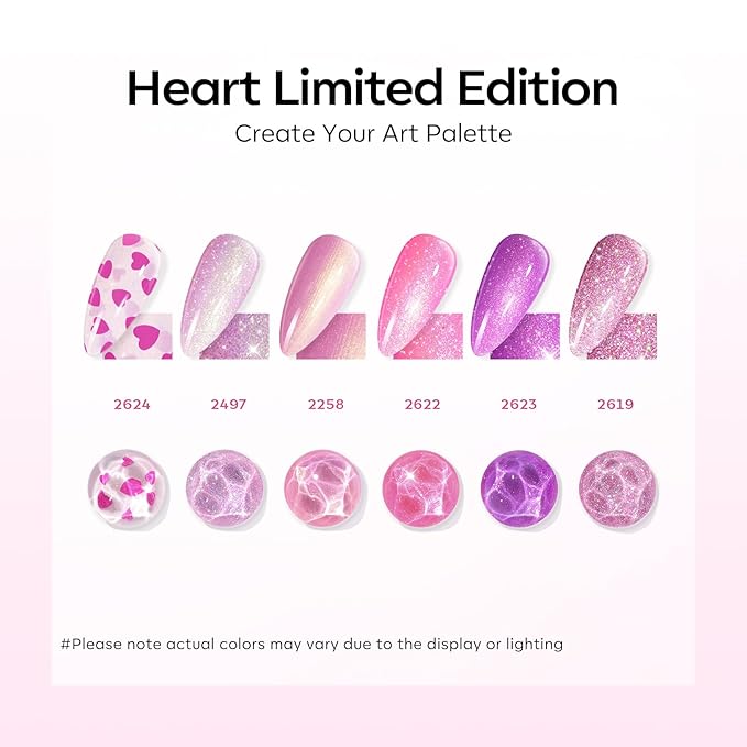 modelones Gel Nail Polish Set, 6 Colors Valentine's Day Pink Gel Polish Glitter Hot Pink Purple Shades Mermaid Love-heart Glitter Gel Polish Shimmer Galaxy Soak Off Nail Art DIY Gift For Women Girl