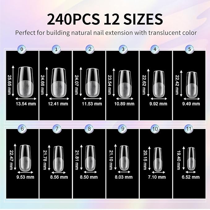 Medium Square Nail Tips - 12 Sizes 240 PCS Pre-Etched Half Matte Soft Acrylic False Nail Tips No C Curve for Full Cover Acrylic French False Nails For Nail Extension, Home DIY Nail Salon