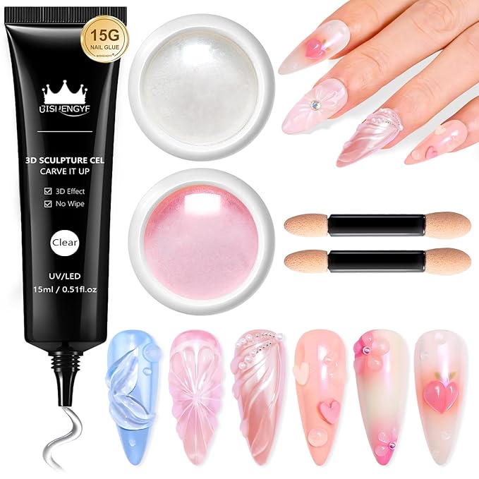 Chrome Nail Powder and 3D Nail Gel Kit BISHENGYF: 15g No Wipe 3D Sculpting Gel Aurora Mermaild Pink White Pearl Chrome Nail Powder with Clear 3D Carving Nail Molding Glue Set for Nail Art Decoration