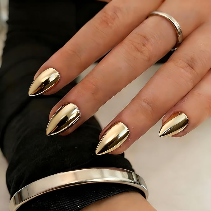 Chrome Press on Nails Short Almond, Metallic Light Gold Fake Nails with a Sparkle Mirror Finish, Glitter Glue on Nails for Women Birthday Party, Thick Quality Soft Gel Nail Press ons 30 Pcs