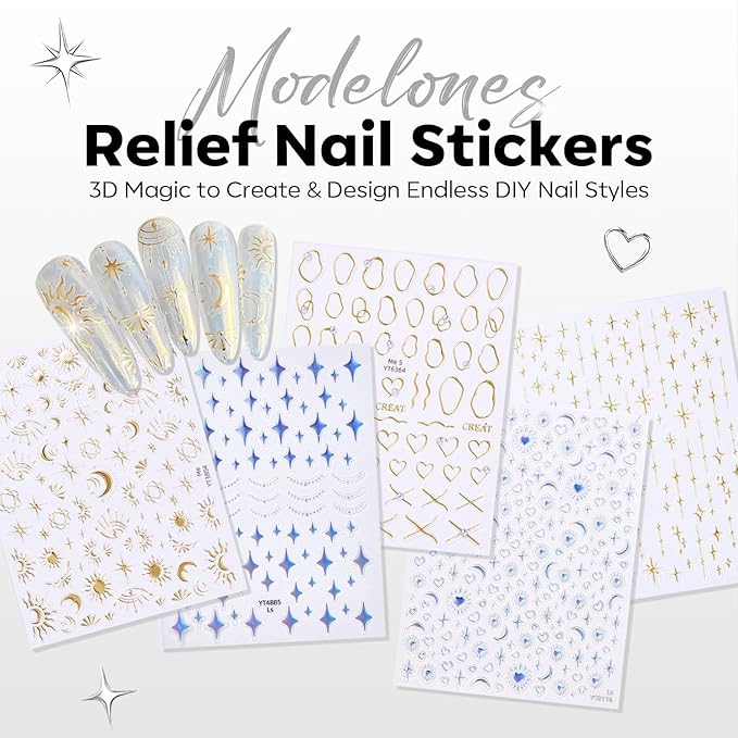 Modelones Gold Gel Polish Nail Stickers 3D Self-Adhesive Nail Decals Gold Line Star, Laser Heart & Star Sparkle, Moon Nail Art Holiday Christmas DIY Nail Stickers for Women & Kids 5Pcs