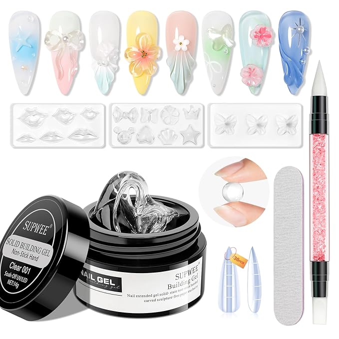 Clear 3d Nail Gel Sculpting Gel, Non Stick Hand Moding Gels for Nails with 3D Silicone Nail Art Molds Solid Builder Sculpture Hard Gels for Extend Home DIY Manicure
