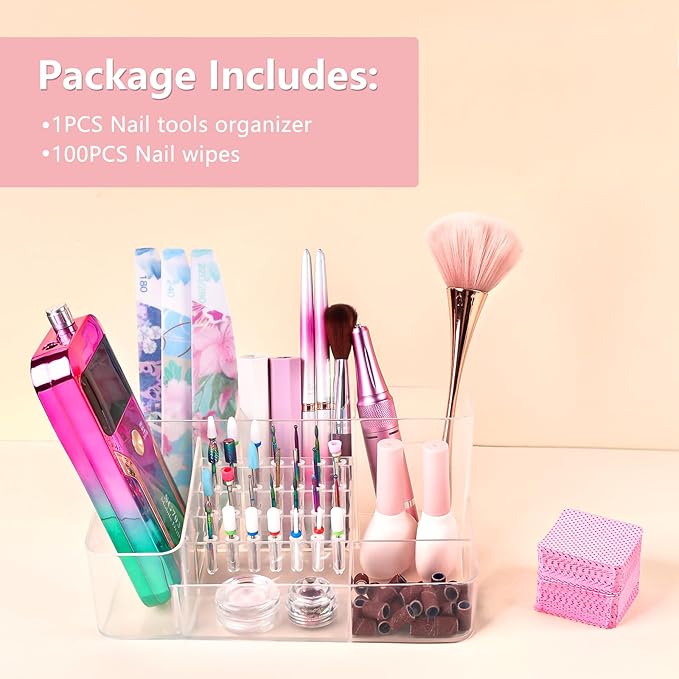 Nail Drill Holder & 28 Holes Nail Drill Bits Holder, Transparent Acrylic Nail Drill Machine Storage Box, Professional Nail Drill Organizer Case for Manicure tools