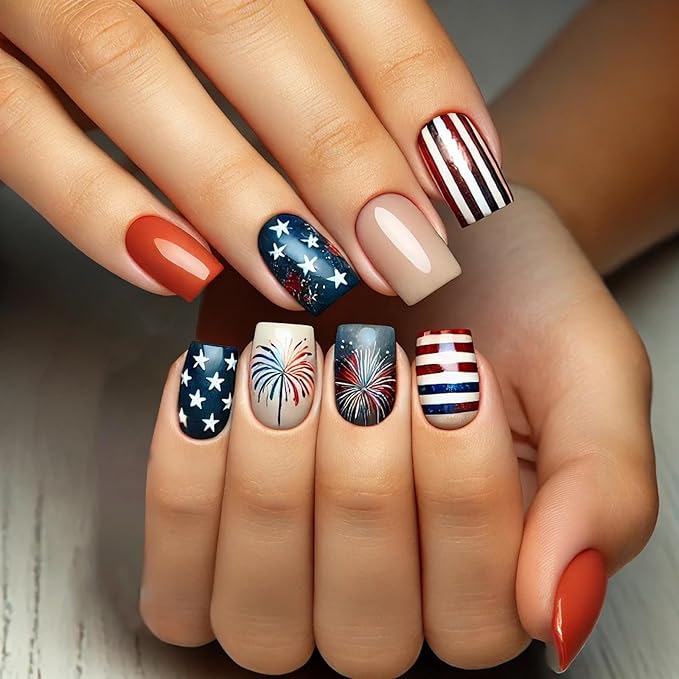 4th of July Press on Nails Short Square MABKJLF Fake Nails Fireworks Stars False Nails with Designs Full Cover Glossy Glue on Nails Blue Red White Acrylic Nails for Women Girls 24 Pcs