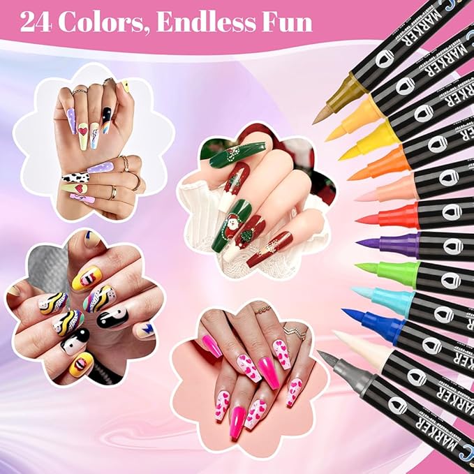 12PCS Nail Art Pen Set, 24 Colors Double-Ended Matte Finish Nail Markers for Women, Quick-Dry Nail Design Kit for DIY Home Salon & Beginners