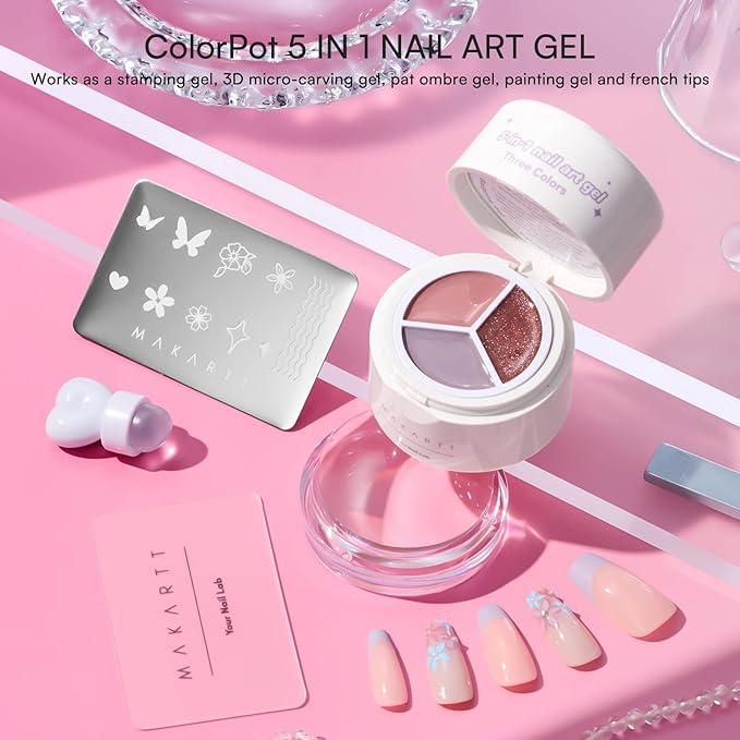 Makartt 5-in-1 Nail Art Gel: ColorPot 3 Colors Gel Nail Polish No Wipe with Nail Stamp for Stamping, Ombre Patting, Painting, French Tips & Sculpting with Silicone Head for Diy Nails at Home Salon