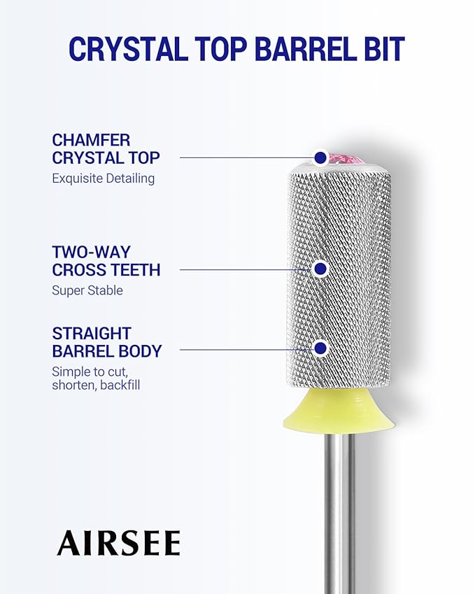 AIRSEE Tungsten Carbide Acrylic Nail Drill Bit Efile Electric File Machine Head Tip for Manicure Polishing Art Remove Gel 3/32" 2 Way Beginner Safety Pink Crystal Top Barrel Extra Fine-XF
