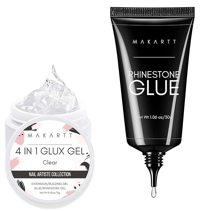 Makartt 4-in-1 Nail Gel Kit - Solid Extension Gel, UV Builder, Rhinestone Adhesive & Gem Glue, 15ml + 1.06oz Super Hold Set for Acrylic Tips, Crystals & Nail Art Design