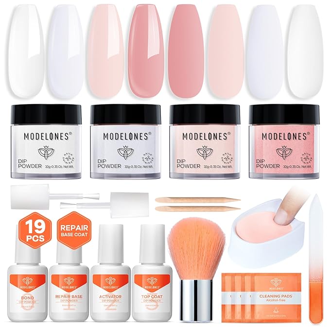 Modelones Dip Powder Nail Kit, 4 Colors Clear Nude White Pink Dipping Starter Set with Liquid and Complete Accessories for French Nails Art Salon DIY at Home Manicure
