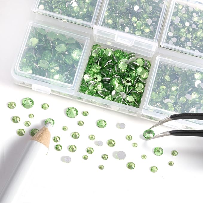 Beadsland 4300pcs Flatback Rhinestones, Light Green Nail Gems Round Crystal Rhinestones for Crafts, Mixed 6 Sizes with Picking Tweezers and Wax Pencil Kit, SS6-SS20, Peridot/Light Green