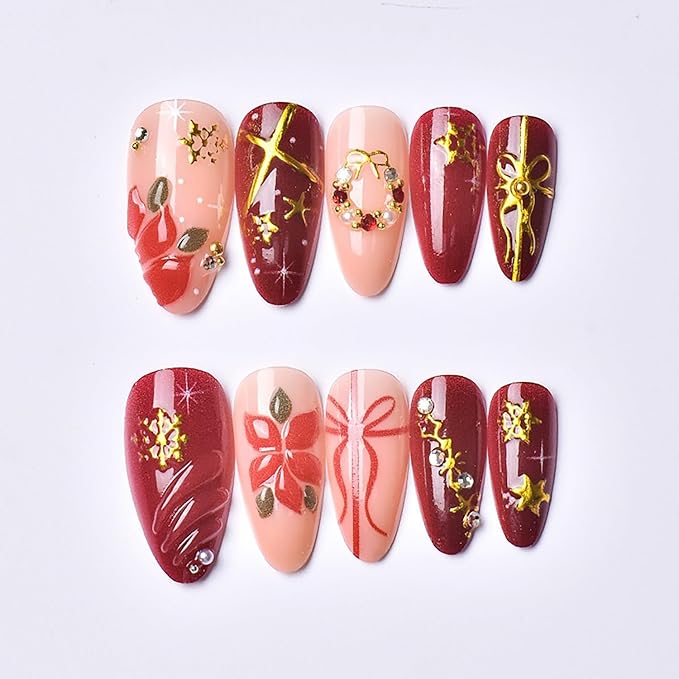 Christmas Press on Nails Medium Almond MABKJLF Fake Nails 3D False Nails with Flower Snowflake Stars Bow Pearls Rhinestones Designs Glossy Glue on Nail Winter Acrylic Nails for Women Girls 24Pcs