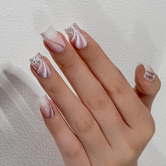 Curvlife Press on Nails Acrylic Fake Nails with Long Square Shell Design Full Cover False Nail Tips for Women Reusable Nail Kit with Nail Glue Adhesive Tabs