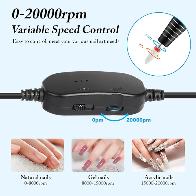 Electric Nail Drill, Ultra-Quiet Low Vibration Electric Nail File, Portable Electric Nail File for Crystal Gel Nails, Manicure and Pedicure Tools Polishing Set for Home and Salon Use(Dark Black)