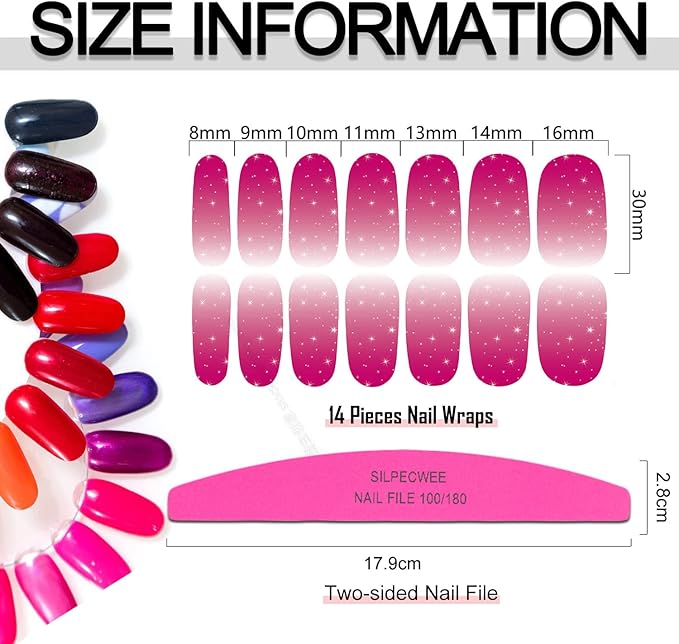 SILPECWEE 16 Sheets Nail Polish Stickers Full Nail Wraps Glitter Solid Color Nail Polish Strips Gel Nail Strips Self Adhesive Fingernail Manicure Stickers Nails for Women with 1pc Nail File