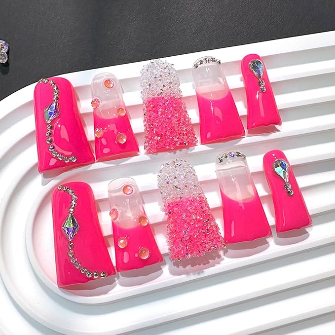 Handmade Press on Nails Long Duck Nails with Glue,Rose Pink Fake Nails with Rhinestone Design Reusable Acrylic Nature Stick on Nail Luxury False Nails for Wome (Size M)