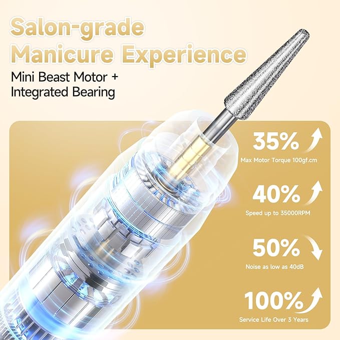 Cordless Electric Nail Drill 35000 RPM, Professional Nail File Kit with LCD Display, 12 Bits & 36 Sanding Bands, for Acrylic Gel Nails, Pet Claws, Salon & Home Use (Sand Dune)