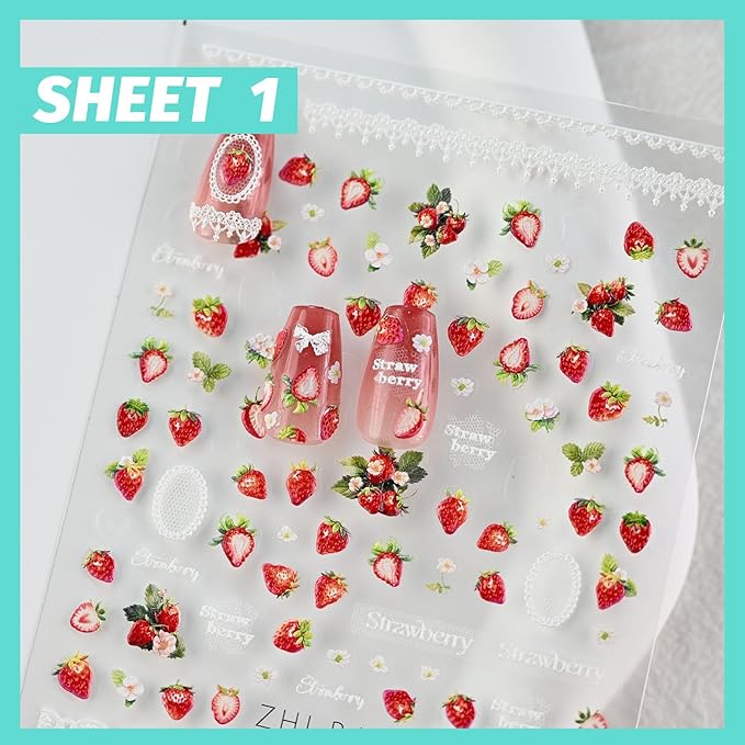 Strawberry Lace Nail Art Stickers 3D Embossed Nail Decals for Nail Art Design Self-Adhesive Nail Accessories for Women Nail Art Supplies 3 Sheets