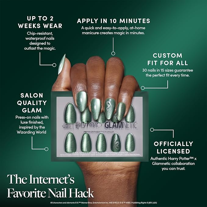 Harry Potter™ x Glamnetic Press On Nails - Slytherin™ | Green Snake Serpent Graphic Short Almond Nails in a Velvet Finish | 15 Sizes - 30 Nail Kit with Glue