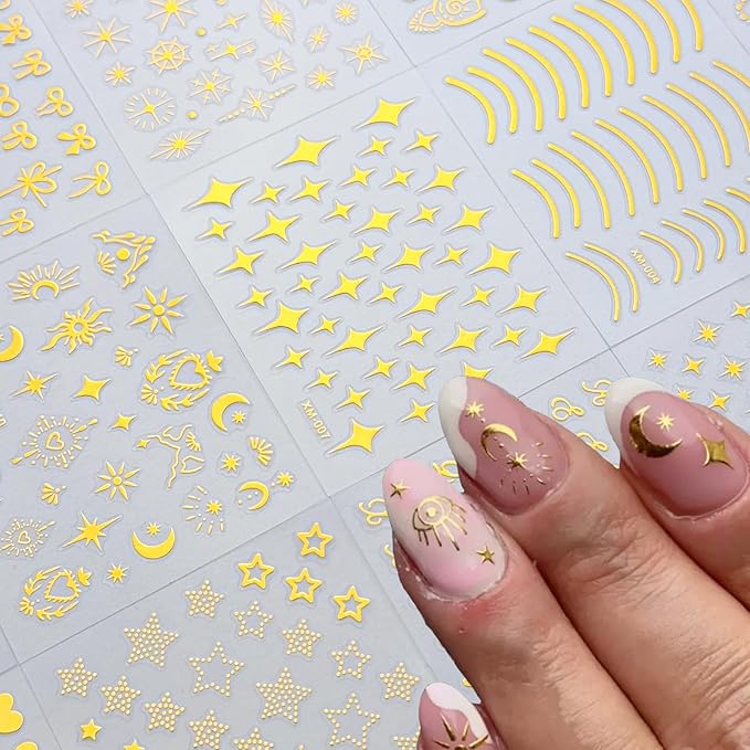 30 Sheets Gold Nail Sticker 3D Self-Adhesive Nail Decals Star Moon Heart Cute Knot Bow Design Nail Art Stickers for Women DIY Nail Art Decoration Accessories