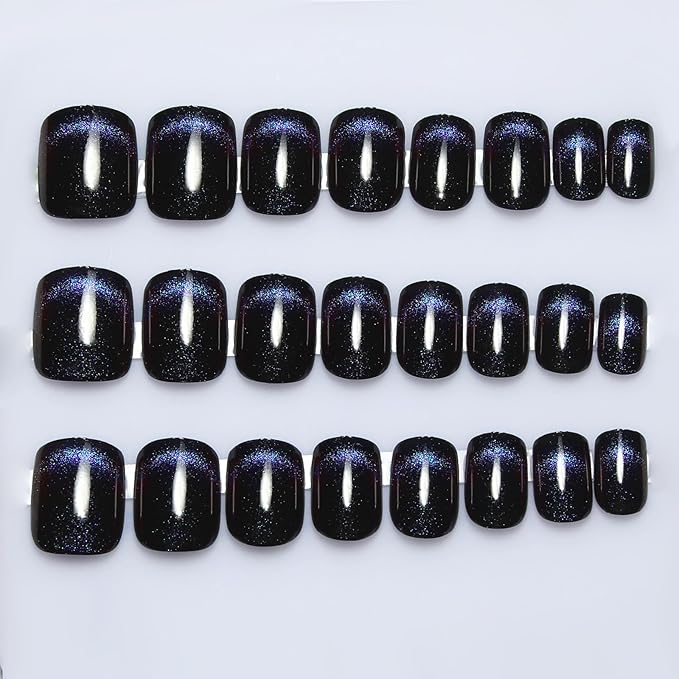 Purple Press On Nails Short Square – Light Dancer Magnetic Cat Eye Nails with Shimmering Motion Curve, Glossy Gel Finish, Reusable Glue On Fake Nails for Women, Amethyst Waltz