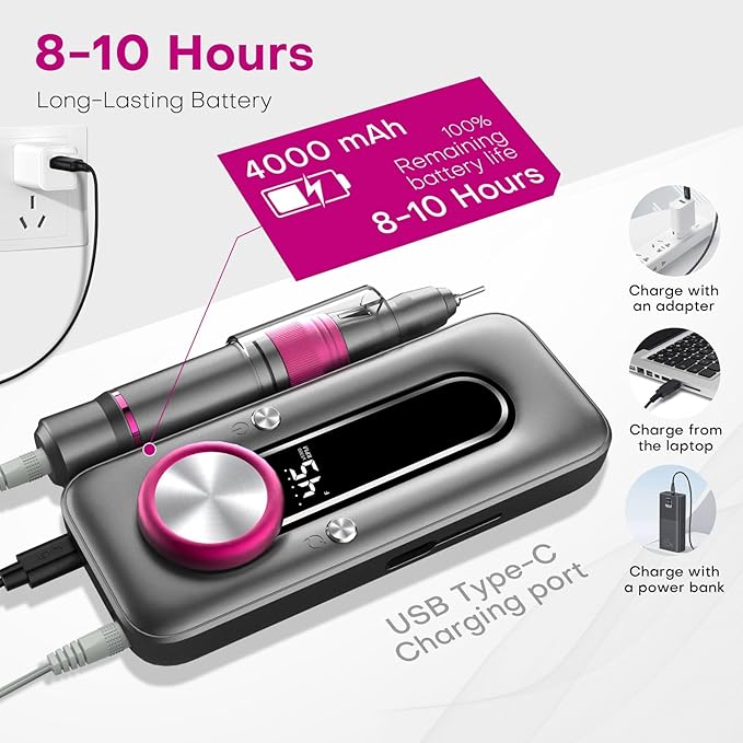Nail Drill Electric Nail File Kit 45000 RPM Professional Efile Nail Set,Cordless Portable Rechargeable Acrylic Gel Nail Polish Remover Machine Pedicure Manicure Tool for Salon Home Gray