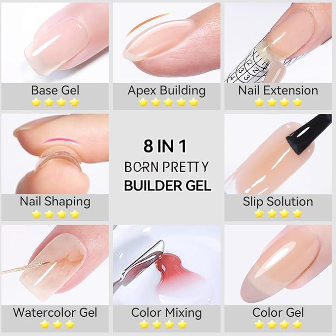 Born Pretty Builder Gel for Nails 15ML,8-in-1 Neutral Nude Cover Hard Gels for Nail Apex Building & Extensions,Translucent Base Gel & Rhinestone Glue in a Bottle,U V/LED Cured for DIY & Salon Use