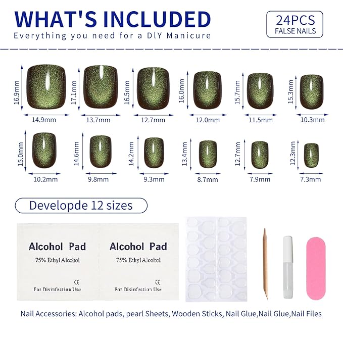 Crisp Green Press on Nails Short Square, Cat Eye Press on Nails, Fashion Gel Fake Nails, Reusable Acrylic Fake Nails, Glossy Stick on Nails, Thick Reusable Glue On Nails for Women, 24Pcs