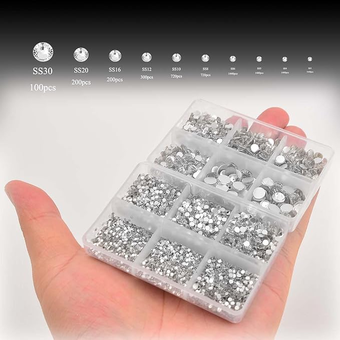 NCB 8000pcs Non Hotfix Rhinestones 10 Sizes Flatback Crystal Glass Rhinestones with Tweezers and Picking Pen for Nail Art Clothes Bags Phone Decorations Crafts DIY (001 Crystal Mix SS3-SS30)