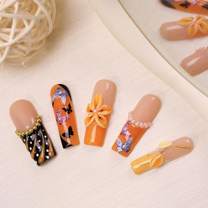 Flower Press on Nails Gradient Long Square Fake Nails with Glitter Butterfly & Pearl False Nails Designs Orange French Tip Handmade Press on Nails Thick Acrylic Stick on Nail for Wome (S)