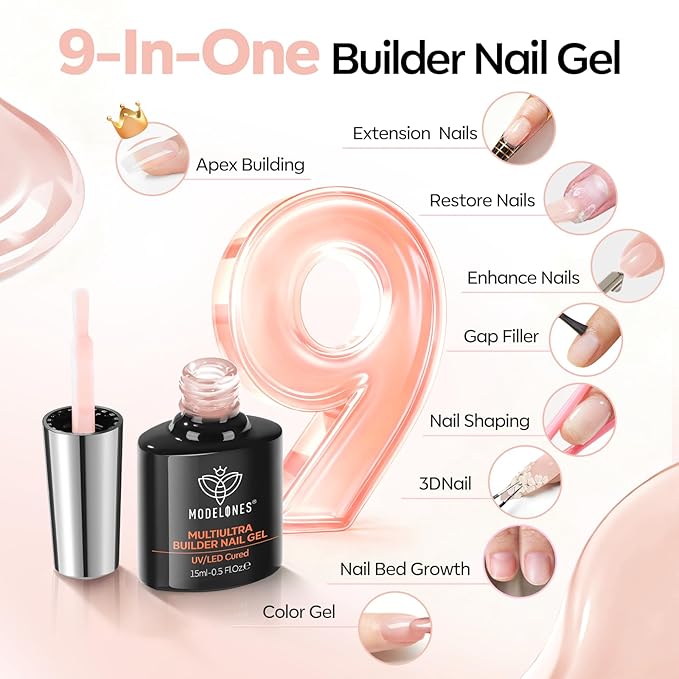 modelones Builder Nail Gel, Builder for Nails No Top Coat Needed, Sheer Nude Pink, C-Curve Sculpting, Glossy Jelly Finish Sheer Light Pink, No-Wipe, 9-in-One LED Lamp Cured Color Gel Polish