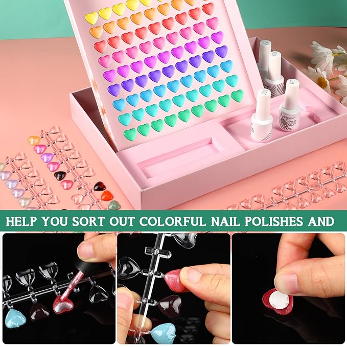 Maitys 480 Tips Heart False Nail Display Tips Clear Nail Color Display Chart Card Sticks with Adhesive Sticker for Bottles Colorful Polish DIY Training Practicing Displaying