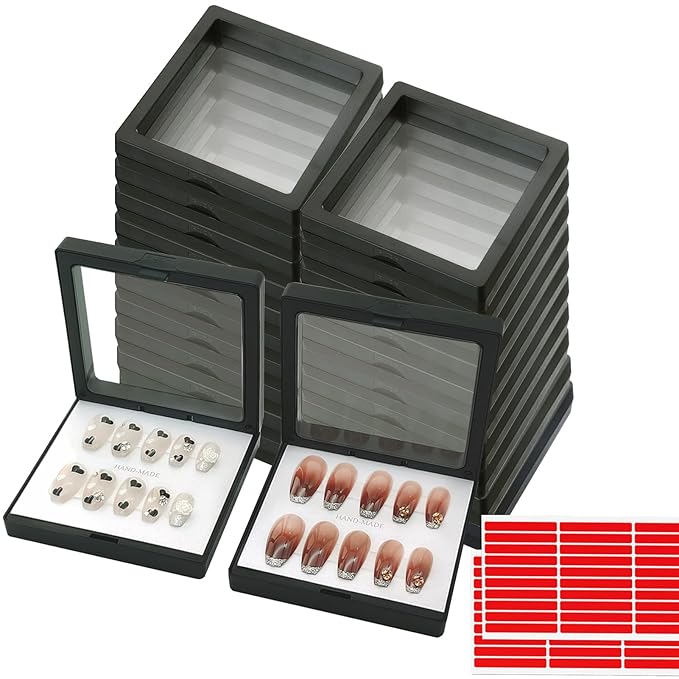 Press On Nail Packaging Boxes 3D Floating Press On Nail Storage Box Nail Display Box with 60pcs Double Sided Adhesive Nail Display Tape for Nail Tech (Black, 3.5 inch)