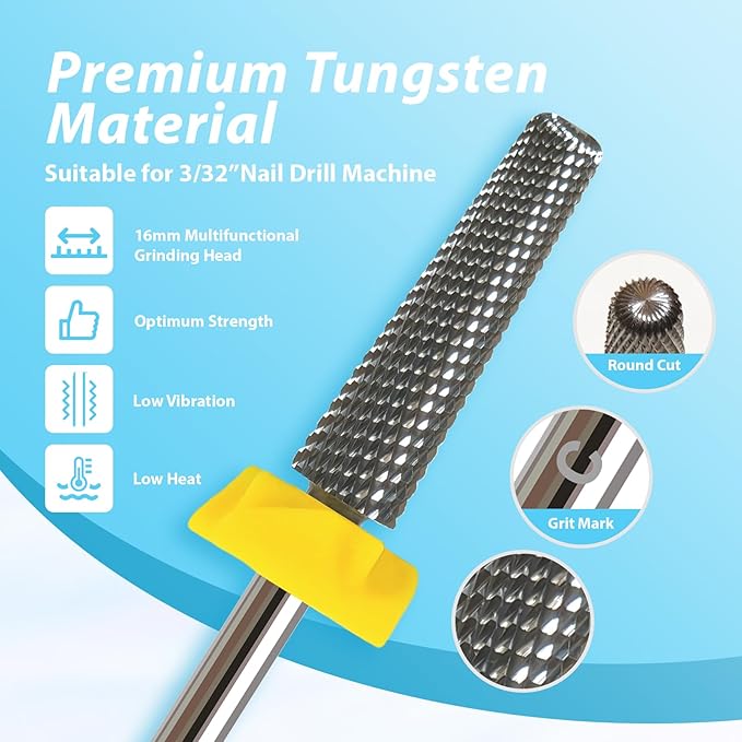 16mm Long Tapered Barrel Nail Drill Bit, 3/32” Safety Tungsten Carbide E-File Bit for False Nail Application, Press-On Tip Apply Nail Extension, Gel & Acrylic Removal, Two-Way Rotation, Extra Fine.