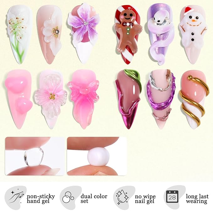 Clear and White Solid Builder Gel for Nails, 2PCS 30g 3D Nail Art Gel Non-sticky Hand Hard Gels Sculpting Molding Embossed Flowers Design with Carving Pen DIY Home Manicure Salon Supplies